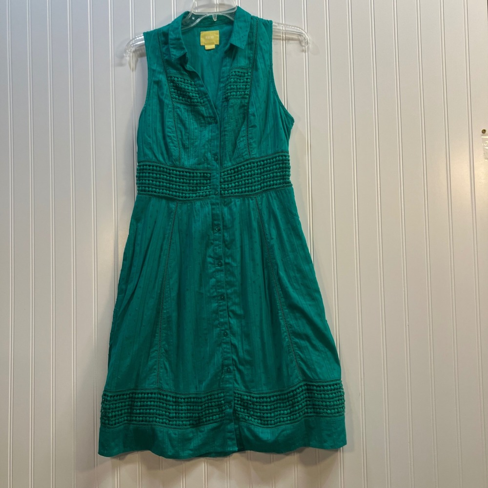 Maeve Anthropologie Teal Cotton Swiss Dot Pom Pom Crochet Shirt Dress Womens 6